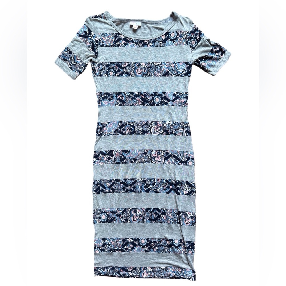 LuLaRoe Gray and Blue Striped Midi Dress